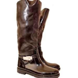 Bamboo Heeled Black Calf Tall Boots Faux Fur Lined